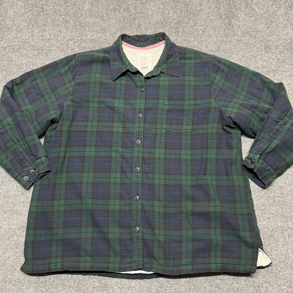 L.L. Bean Jacket Womens 1X Green Plaid Flannel Sherpa Lined Button Front Warm